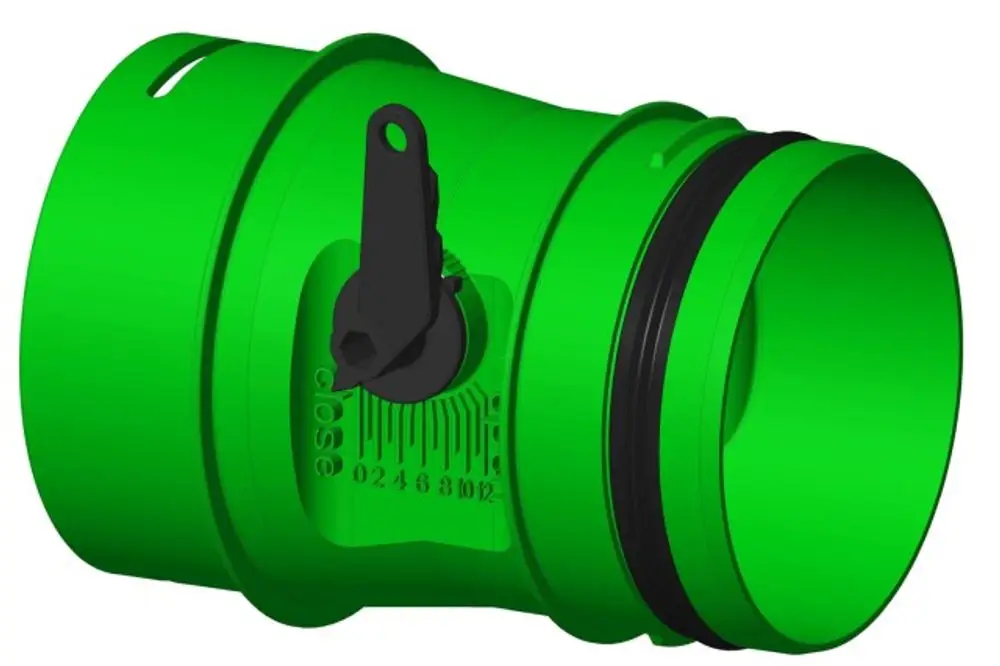 Grüner Volumenstromregler mit schwarzem Stellhebel und Skala. Produkt von Wolf zur Regelung des Luftvolumenstroms in Lüftungssystemen.